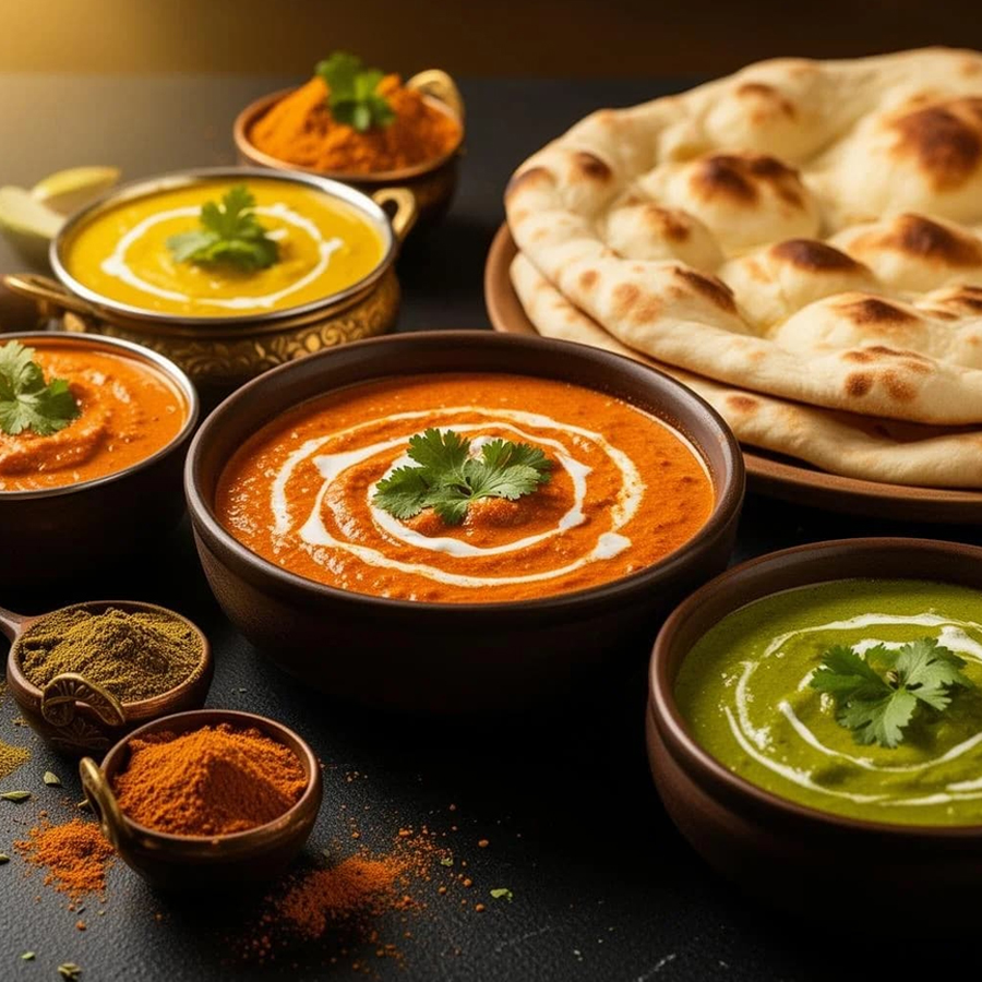 Lunchbuffé med indiska rätter och naan